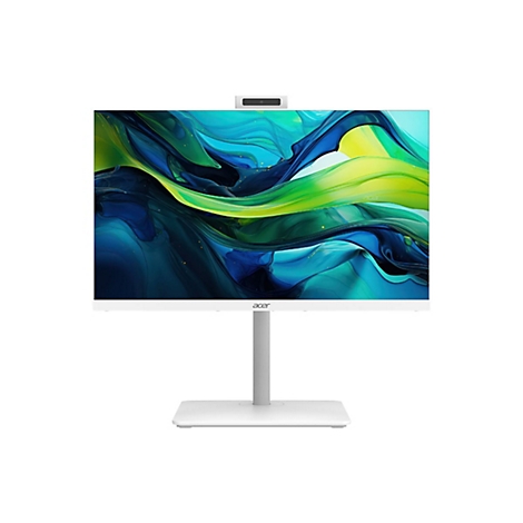 Ein weißer Acer-All-in-One-PC mit Webcam, Bildschirm mit farbenfrohem Hintergrund und Standfuß.