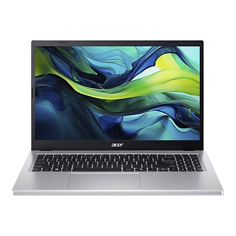 Graues Acer Laptop, geöffnet, Bildschirm mit abstraktem Hintergrund. Schwarze Tastatur, Acer Logo.