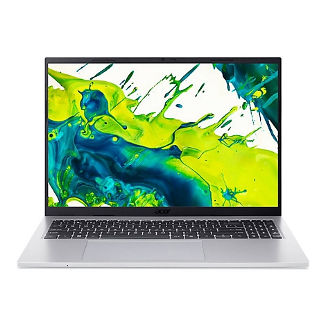 Silberner Acer Laptop mit schwarzer Tastatur und abstraktem grün-blauem Hintergrundbild.