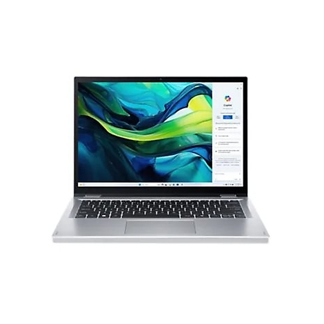 Ein silberner Laptop ist auf weißem Hintergrund geöffnet. Auf dem Bildschirm ist ein mehrfarbiges Wellenmuster und ein Fenster mit Text zu sehen.