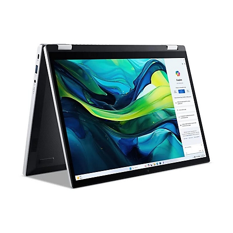 Ein silbernes Laptop-Convertible ist halb geöffnet. Auf dem Bildschirm ist eine Benutzeroberfläche mit dem Namen "Copilot" zu sehen.