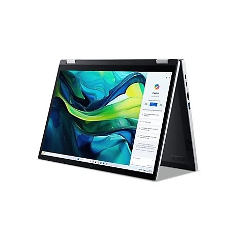 Ein schwarzer Laptop, teilweise geöffnet. Auf dem Bildschirm sind blaue und grüne abstrakte Muster und eine Anmeldeseite zu sehen.