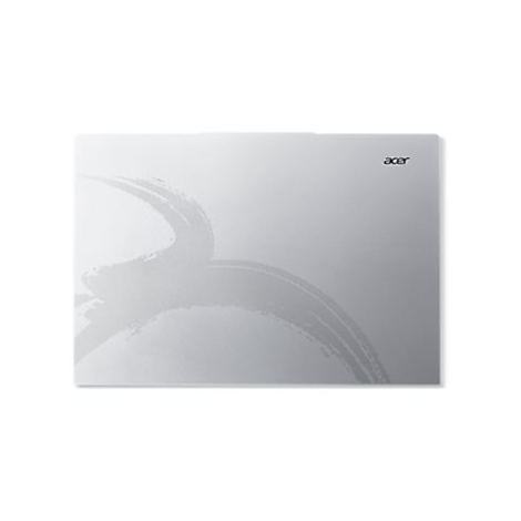 Silberner Laptop, Rückseite mit dekorativem Pinselstrich-Design. Acer-Logo rechts oben.