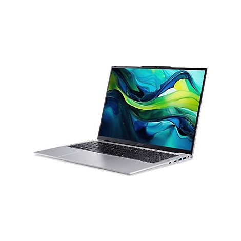 Silberner Laptop mit geöffnetem Bildschirm. Auf dem Bildschirm wird ein farbenfrohes abstraktes Muster dargestellt.