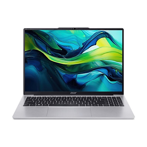 Graues Acer-Laptop, Frontansicht. Die Tastatur ist deutlich zu sehen, der Bildschirm zeigt grüne und gelbe abstrakte Formen.
