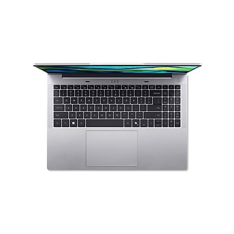 Draufsicht auf einen silbernen Laptop, leicht geöffnet. Die Tastatur ist deutlich sichtbar.