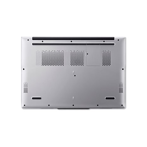 Unterseite eines silbernen Laptops mit Lüftungsschlitzen und Schrauben.