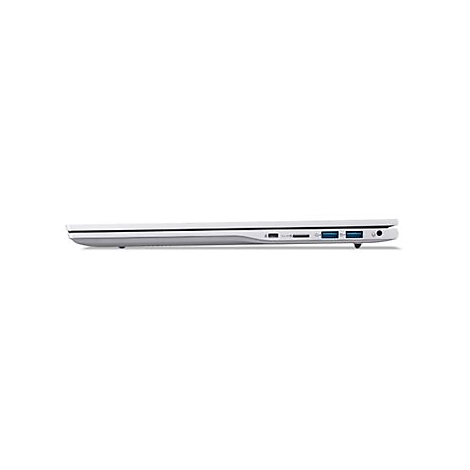 Ansicht eines weißen Laptops von der Seite. Deutlich sind Anschlüsse und Aussparungen zu erkennen.