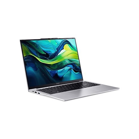 Graues Acer Laptop, Display mit grün-blauen Farbverlauf. Geöffnet, Blick auf Tastatur. Auf weißem Hintergrund.