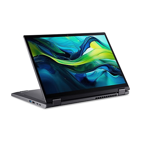 Dunkelgraues Laptop, leicht geöffnet, Display mit grün-gelbem Muster.