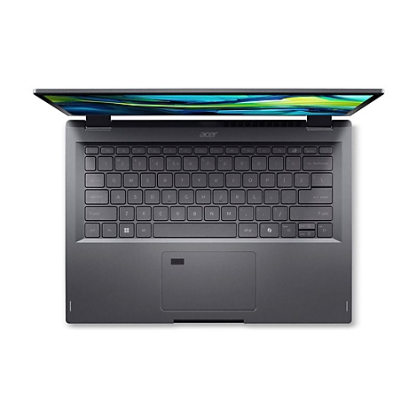 Draufsicht auf einen geöffneten, grauen Laptop mit Tastatur, Touchpad und Bildschirm. Das Acer-Logo ist sichtbar.