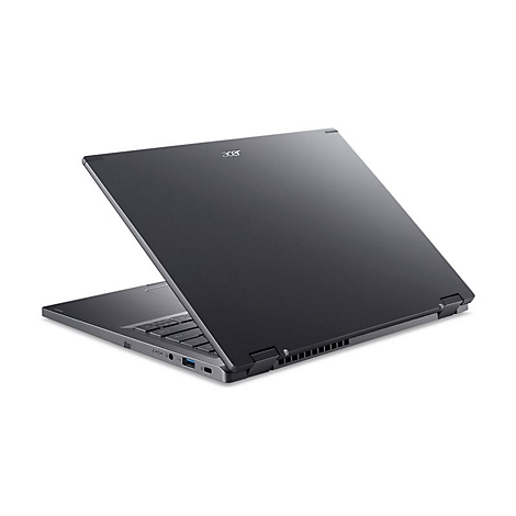 Ein schwarzes Acer-Laptop, halb geöffnet, mit Tastatur und Logo. Der Hintergrund ist weiß.