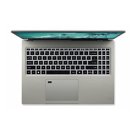 Draufsicht auf einen geöffneten Laptop mit grauer Tastatur, Tastenbeschriftung, Touchpad und Logo.