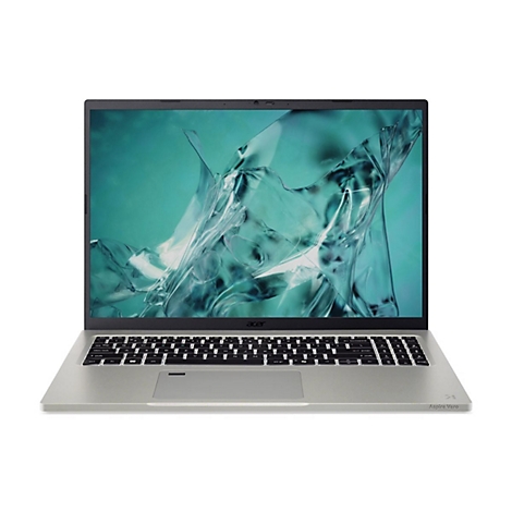 Hellgraues Acer Aspire Vero Laptop, geöffnet. Bildschirm zeigt abstrakte, blaue Formen. Tastatur und Touchpad deutlich erkennbar. Schriftzug "Acer" und "Aspire Vero".