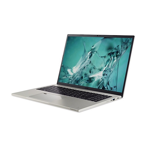 Hellgrauer Laptop, leicht geöffnet, mit farbigem Bildschirmhintergrund. Auf der Tastatur sind die Worte "Aspire Vero" zu sehen.