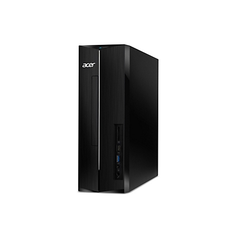 Schwarzer Acer Desktop-PC vor weißem Hintergrund. Der PC hat eine glatte, vertikale Textur. Das Acer-Logo ist oben links.