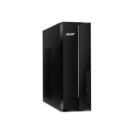 Schwarzer Acer Desktop-Computer vor weißem Hintergrund. Der Tower hat ein schlankes Design mit dem Acer-Logo.