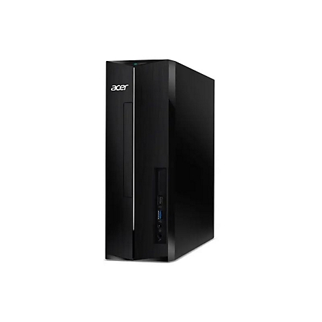 Schwarzer Acer Desktop-PC mit Acer-Logo und diversen Anschlüssen, vor weißem Hintergrund.