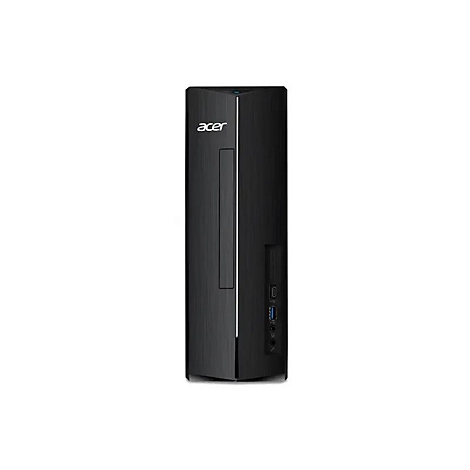 Ein schwarzer Acer-Tower-Computer vor weißem Hintergrund. Vorne befinden sich das Acer-Logo und Anschlüsse.