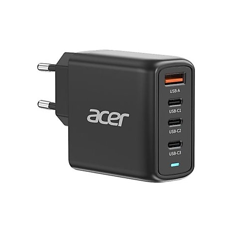 Schwarzes Acer-Ladegerät mit vier Anschlüssen (1x USB-A, 3x USB-C) auf weißem Hintergrund.