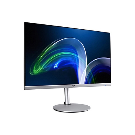 Acer Monitor mit silbernem Standfuß und dünnem Rahmen zeigt abstrakte, blaue und grüne Lichtstreifen.