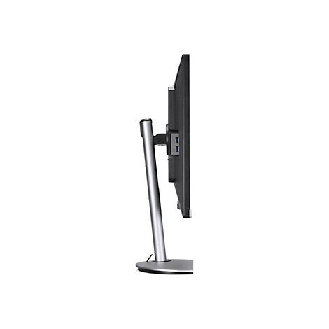 Seitenansicht eines schwarzen Computermonitors auf silbernem Standfuß mit sichtbaren USB-Anschlüssen.