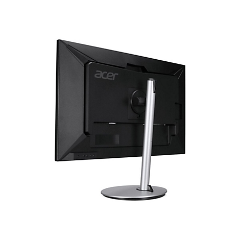 Rückansicht eines schwarzen Acer Monitors mit silbernem Standfuß vor weißem Hintergrund.