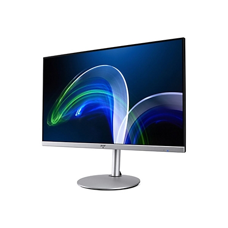 Acer Monitor mit schlankem silbernem Standfuß und abstraktem blau-grünem Lichtstreifen-Bildschirmhintergrund.