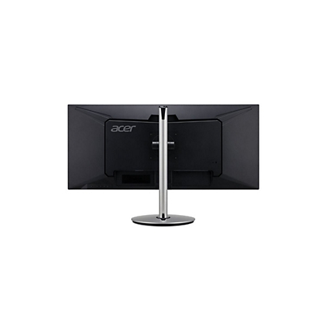 Rückansicht eines schwarzen Acer Monitors mit silbernem Standfuß auf weißem Hintergrund.