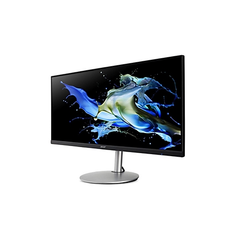 Schwarzer Acer Breitbildmonitor mit silbernem Standfuß und abstraktem, blau-grünem Farbspritzer-Display.