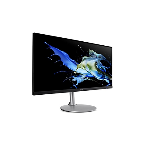 Schwarzer Acer Widescreen-Monitor mit silbernem Standfuß vor weißem Hintergrund.
