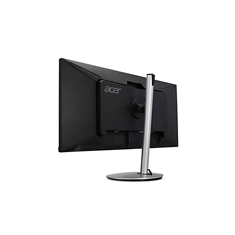 Rückansicht eines schwarzen Acer Monitors mit silbernem Standfuß vor weißem Hintergrund.