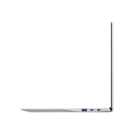 Silberner Laptop im Profil, geöffnet. Anschlüsse und USB-Ports unten.