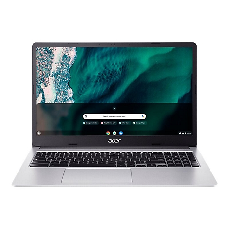 Silberfarbener Acer Laptop, Bildschirm zeigt eine grÃ¼ne Abstraktion und Suchleiste.