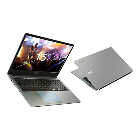 Zwei silberfarbene Laptops auf weiÃŸem Hintergrund. Einer ist geÃ¶ffnet und zeigt ein Konzert, der andere geschlossen.