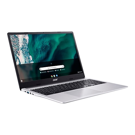 Ein silberner Acer Laptop, leicht schrÃ¤g von vorne abgebildet. Auf dem Bildschirm ist die Google-Suchleiste zu sehen.