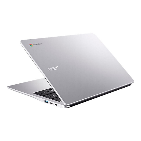 Ein silbernes Acer Chromebook, leicht angewinkelt, mit geÃ¶ffnetem Bildschirm. Das Laptop-Logo ist auf der Abdeckung und im Inneren sichtbar.