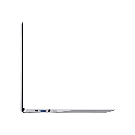 Ein silberner Laptop im Profil, die rechte Seite nach unten gerichtet. Gut erkennbar sind die AnschlÃ¼sse.