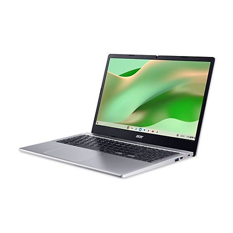 Ein silberner Acer Laptop, halb geöffnet. Der Bildschirm zeigt ein grünes Hintergrundbild. Das Acer Logo ist auf der Unterseite des Bildschirms zu sehen.