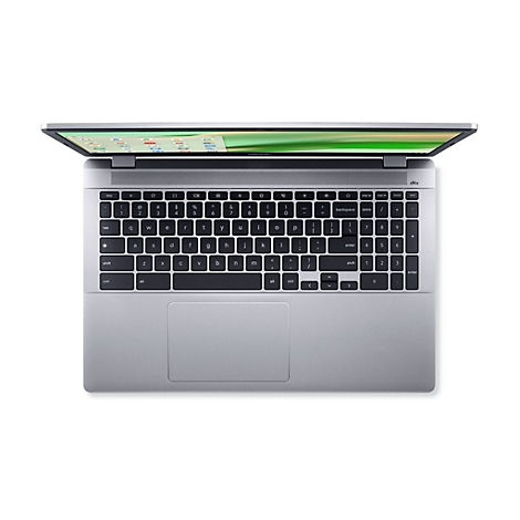 Hellgrauer Laptop von oben gesehen, Tasten schwarz, Display offen. Das Produkt liegt auf weißem Hintergrund.