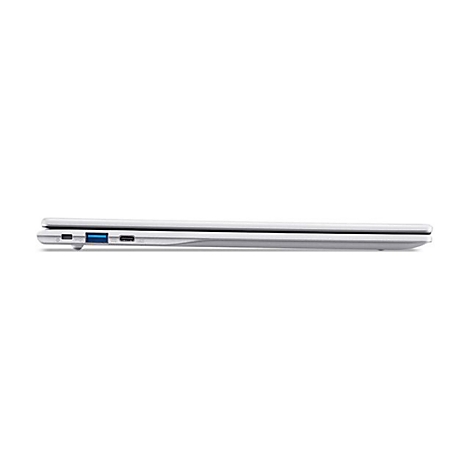 Seitenansicht eines geschlossenen silbernen Laptops mit sichtbaren Anschlüssen, darunter USB.
