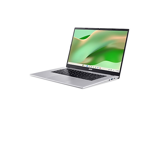 Silbernes Acer Chromebook mit geöffnetem Display vor weißem Hintergrund.