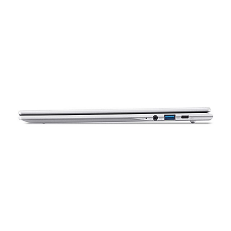 Seitenansicht eines silbernen Laptops im geschlossenen Zustand, Anschlüsse sind deutlich erkennbar.