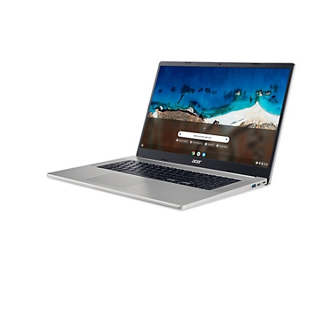 Silberner Acer Laptop im Winkel, Display mit Strandmotiv, Tastatur in Schwarz. Acer Logo sichtbar.