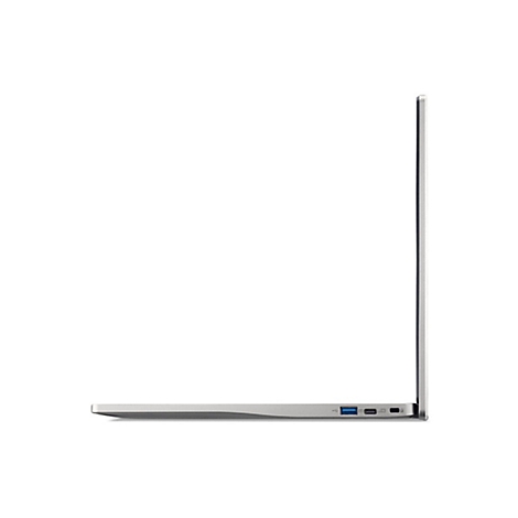 Silberner Laptop im Profil, linke Seite mit Anschlüssen, offener Deckel.