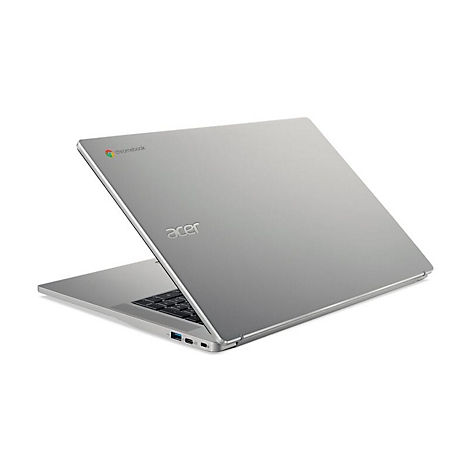 Silbernes Acer Chromebook-Laptop, leicht geöffnet, vor weißem Hintergrund. Chromebook-Logo links, Acer-Logo mittig.