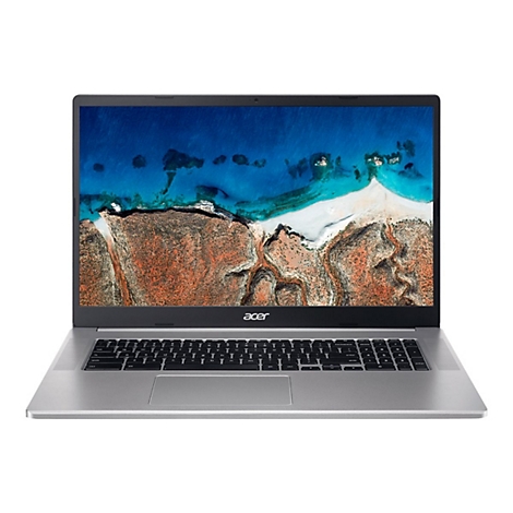 Grauer Acer-Laptop mit geöffnetem Display, das eine Landschaft zeigt, und schwarzer Tastatur vor weißem Hintergrund.