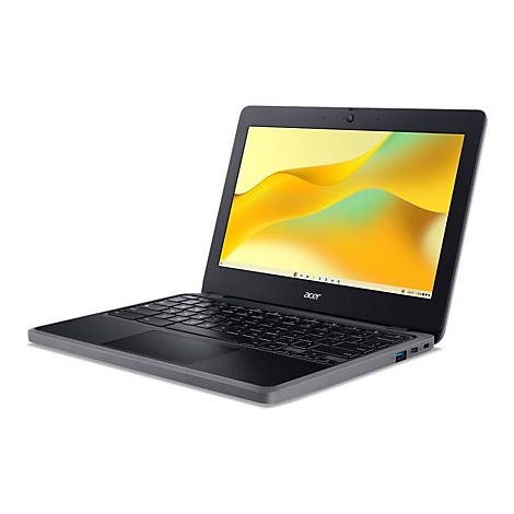 Schwarzes Acer Chromebook, halb geöffnet, auf weißem Hintergrund. Der Bildschirm zeigt ein gelbes Muster. Das Logo 'acer' ist sichtbar.