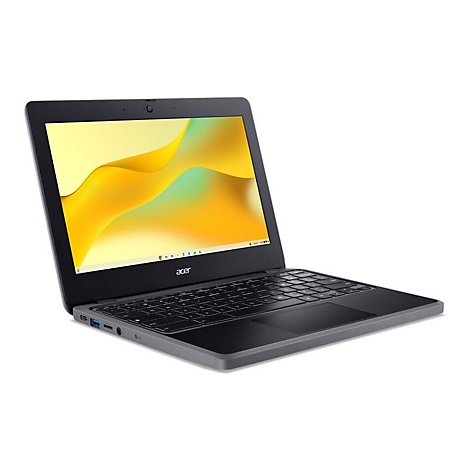 Schwarzes Acer Chromebook, geöffnet. Auf dem Bildschirm gelbe und grüne Wellen vor weißem Hintergrund. Tastatur, Touchpad und Logo sichtbar.