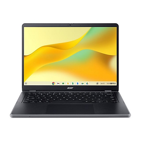 Schwarzes Acer Chromebook, geöffnet, auf weißem Hintergrund. Bildschirm zeigt gelbe Wellen. Tastatur sichtbar.
